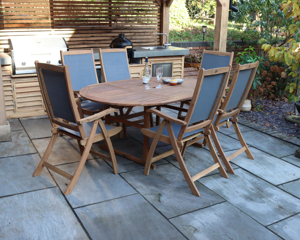 Turnbury 6 Seater Oval Extending Dining Set with Henley Grey Textylene Recliners