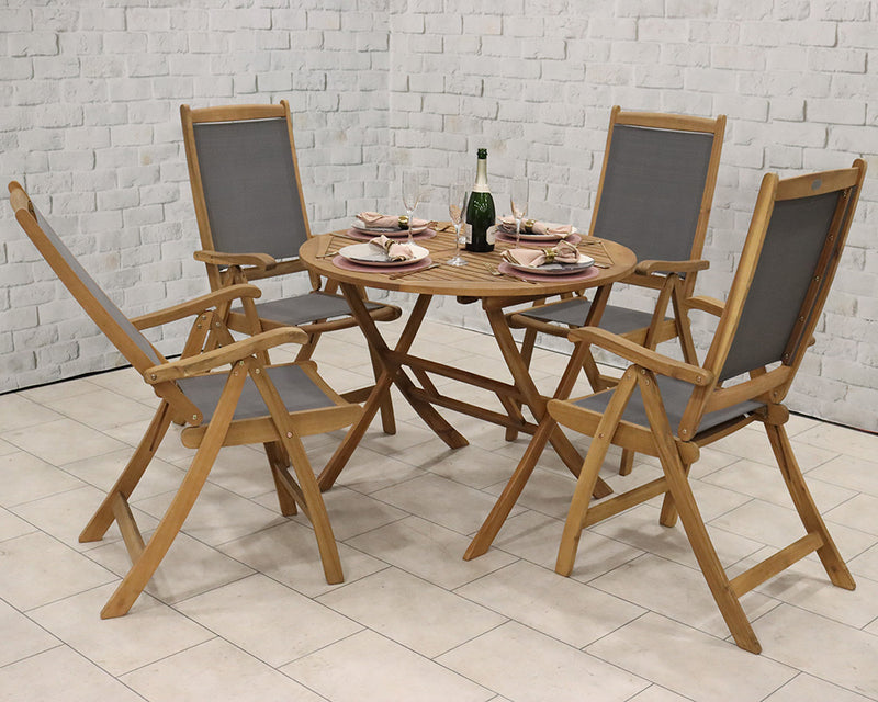 Brooklyn 4 Seater Round Folding Dining Set with Henley Grey Textylene Recliners