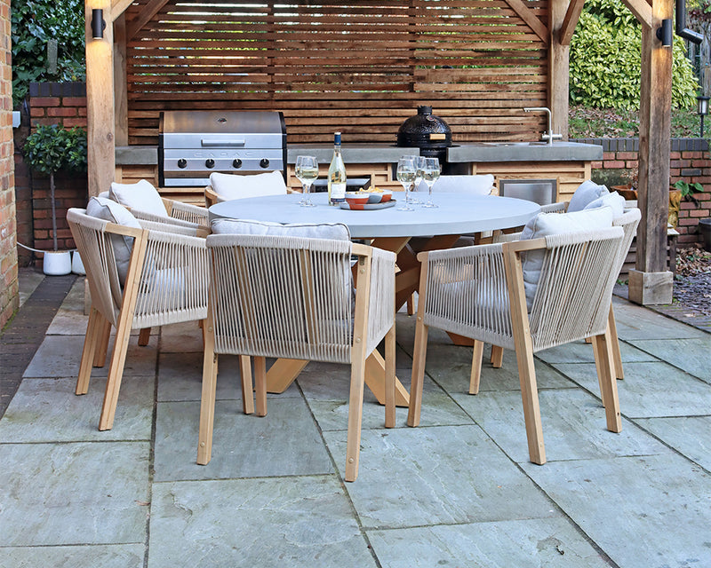 FSC Luna 200x140cm Ellipse concrete table - Warm grey with 8 Roma Dining Chairs