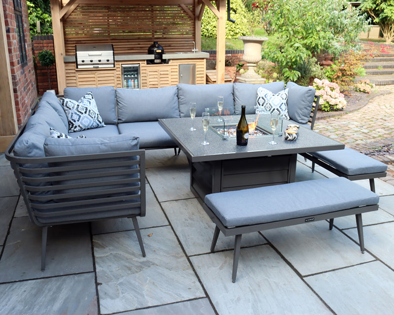 Mayfair Corner Lounging Set with Square Firepit – Grey