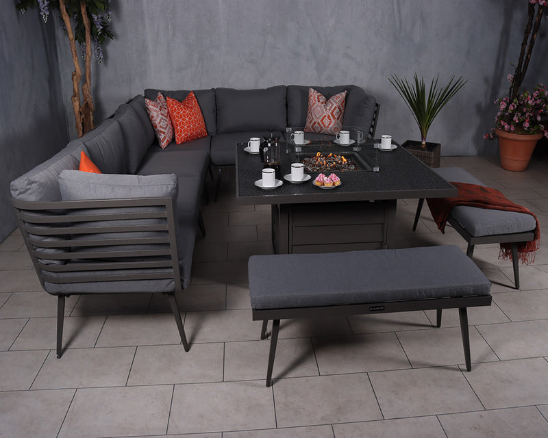 Mayfair Corner Lounging Set with Square Firepit – Grey